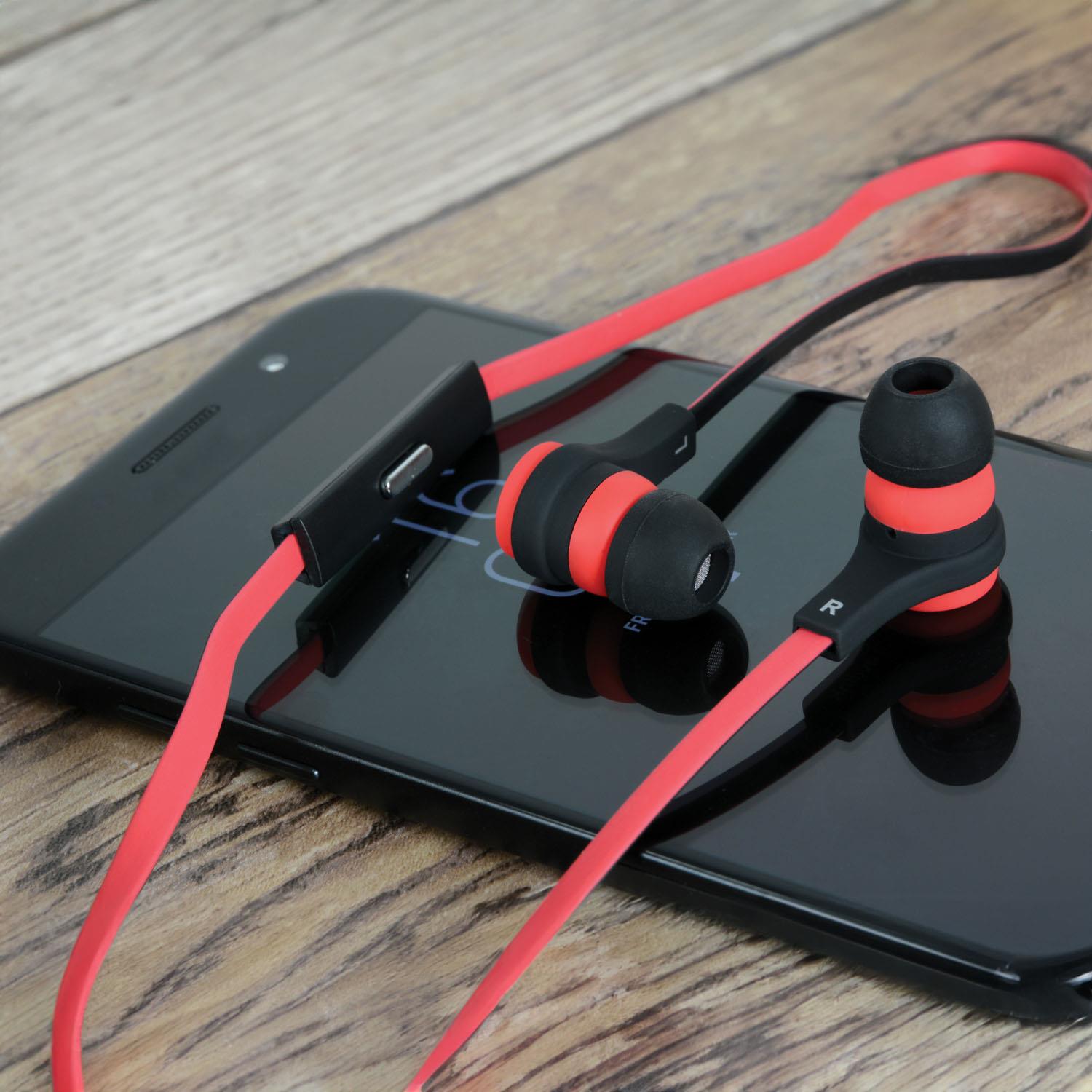 Av:link Rubberised Stereo Earphones with Microphone - Wired In-Ear Headphones, 10mm Drivers, Tangle-Free Flat Cable, 3.5mm / USB-C - Red & Black