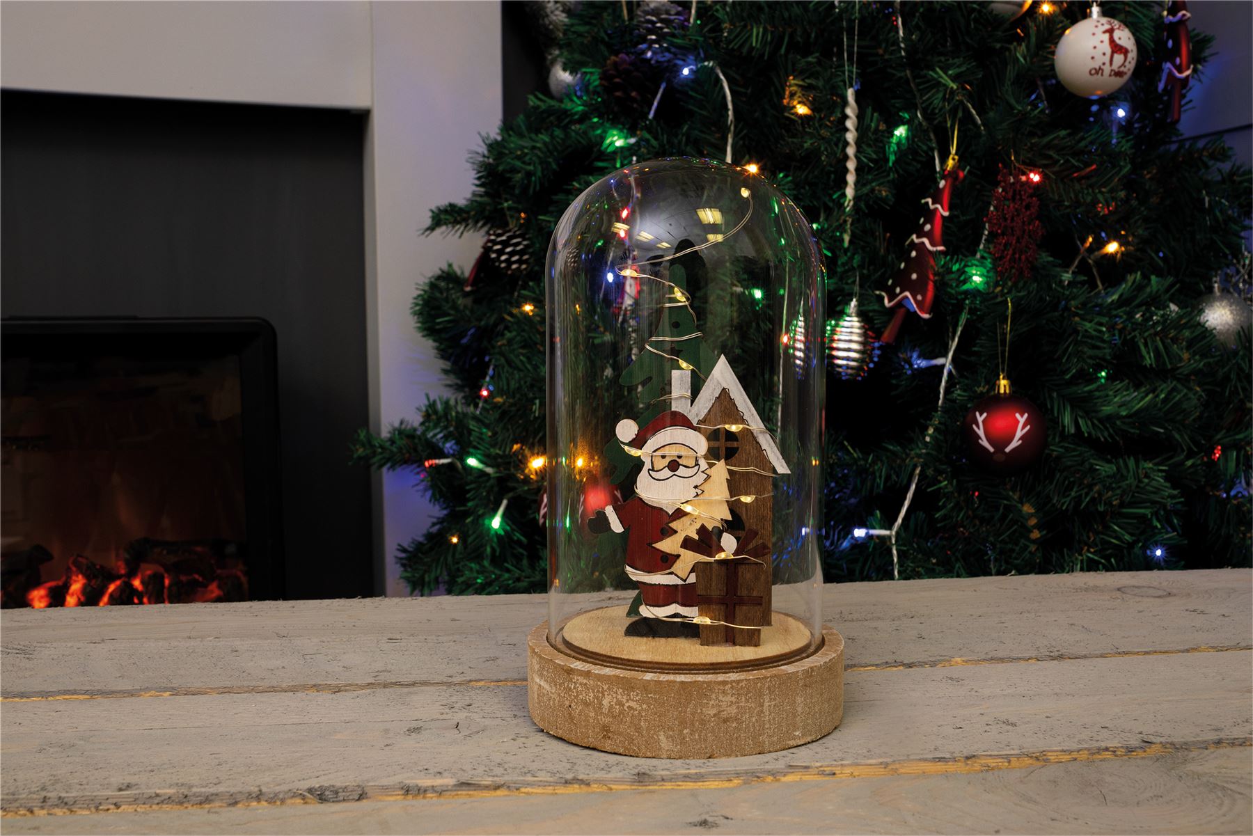 Light Up Cloche Santa Father Christmas Scene with Glass Dome and Wire LED Lights Battery Powered