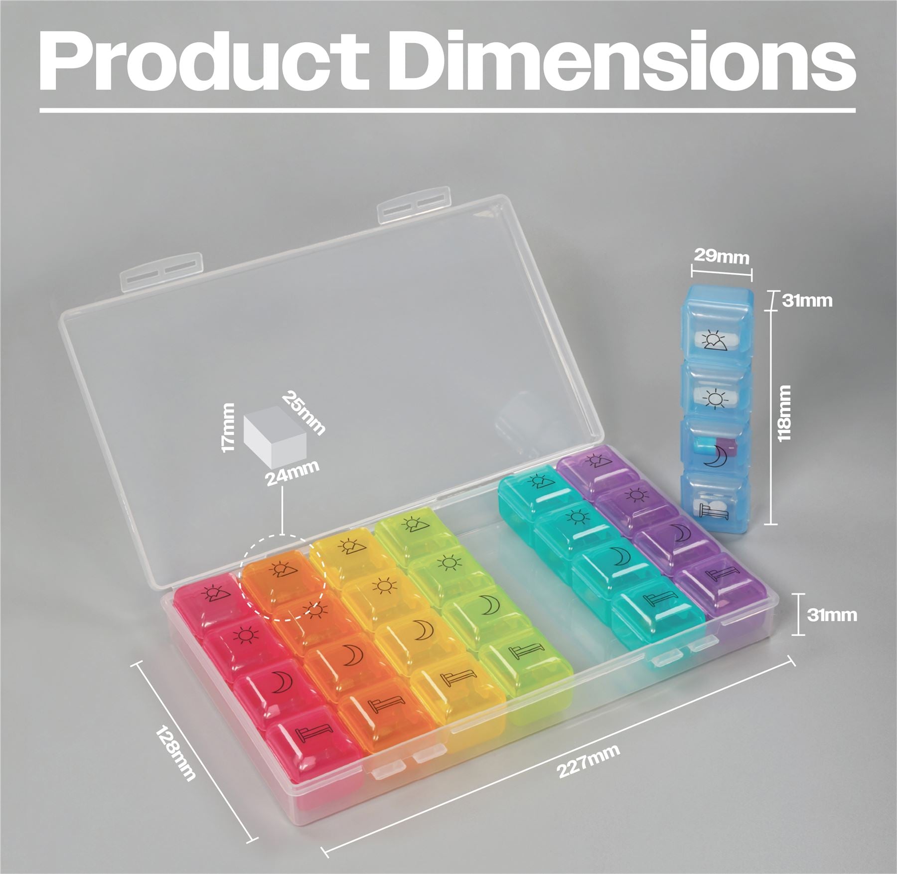 7 Day Weekly Pill Box with 4 Compartments per Day.Supplied in a Clear Clip Shut Case,