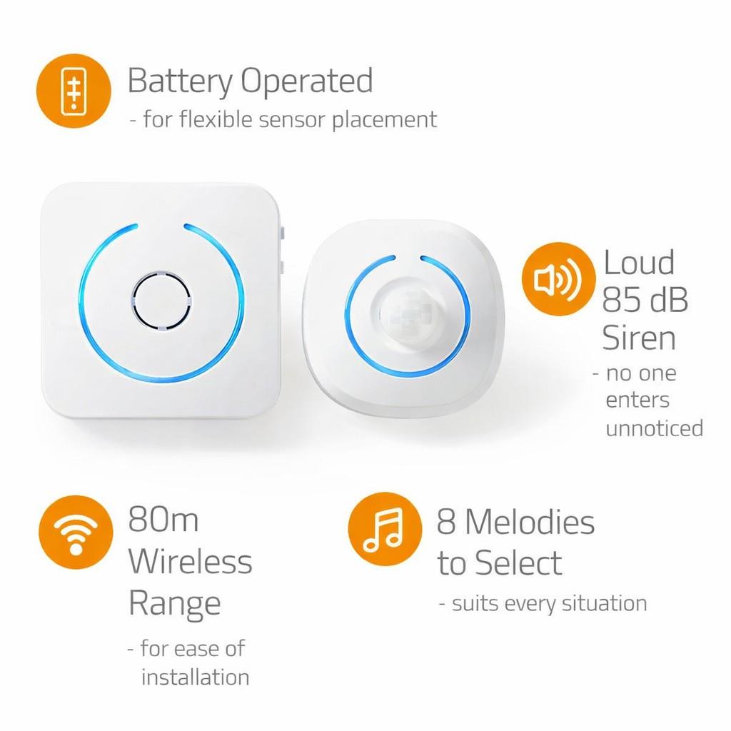 Nedis Home Security Motion Detector Chime | 8 Ringtones | Signals with Light and Sound