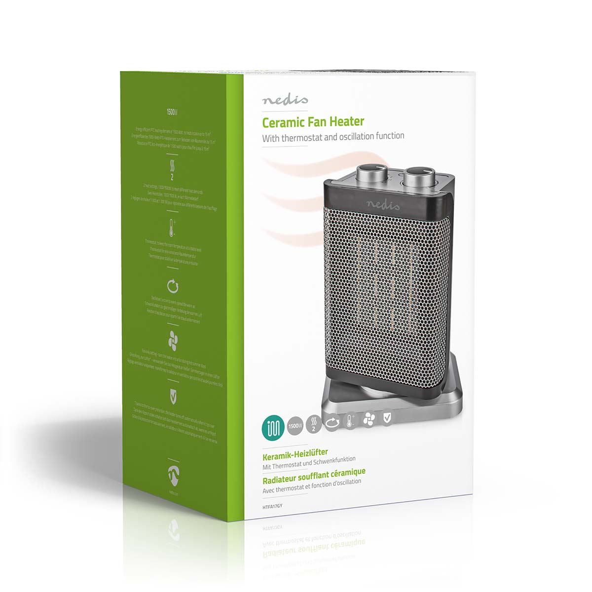 Nedis Ceramic PTC Fan Heater | 1000 / 1500 W | 2 Heat Modes | Adjustable thermostat | Rotates automatically | Overheating protection | Fall over protection