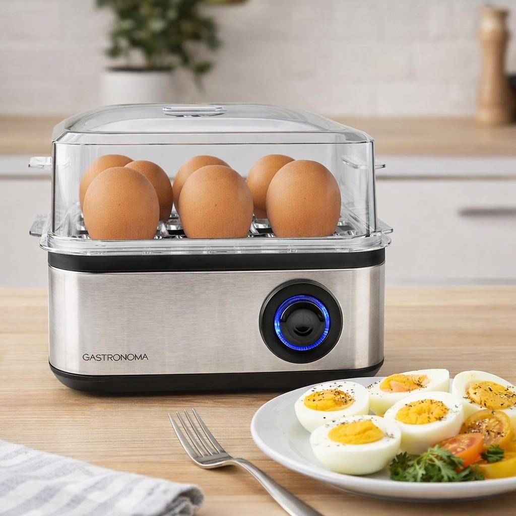 Gastronoma Rapid Egg Cooker, 8 Egg Capacity Stainless Steel Boiler Egg Maker for Soft, Medium, Hard Boiled Eggs, Poached with Auto Shut-Off & Buzzer, Includes Omelet Bowl & Measuring Cup, BPA Free