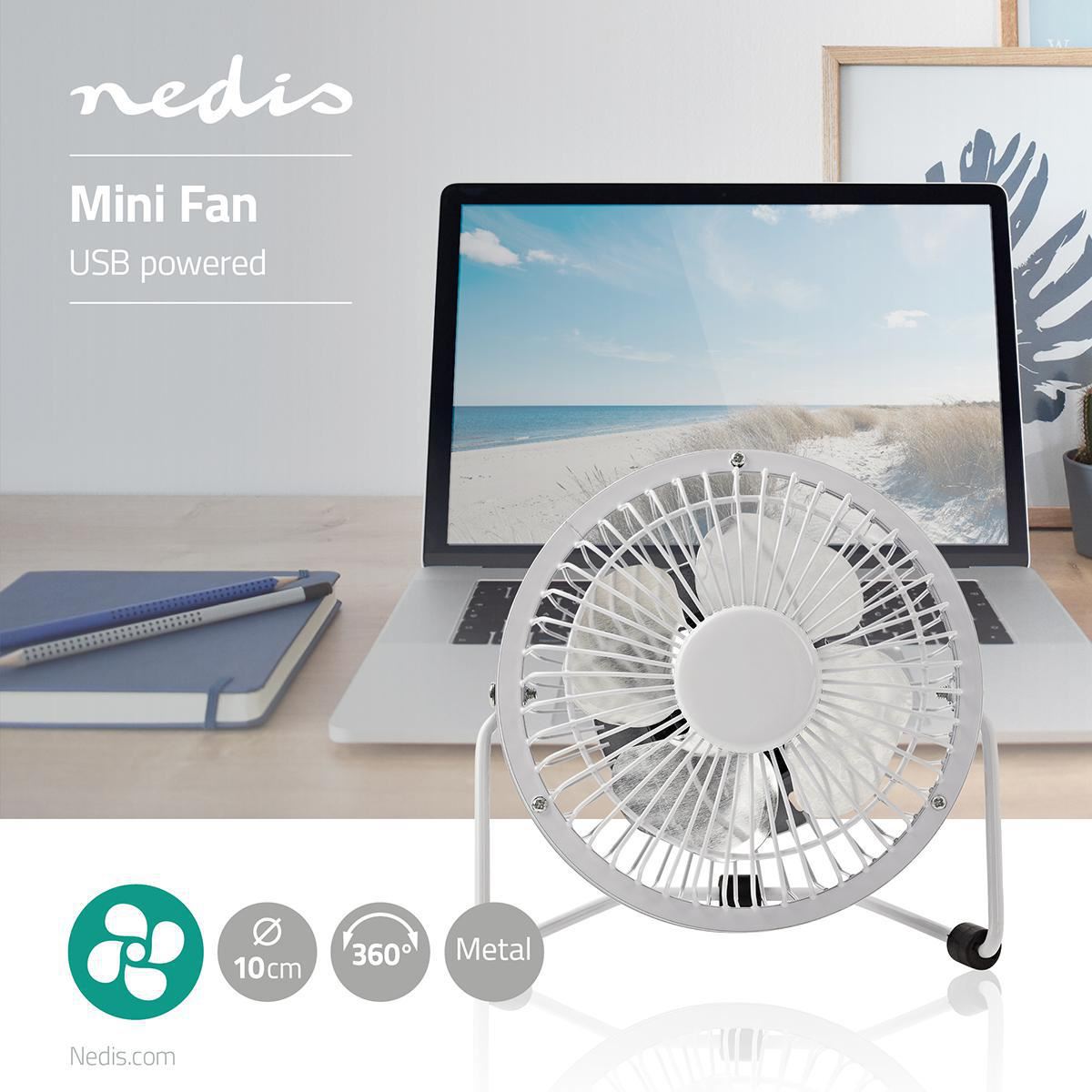 Nedis USB Table Fan, Compact Design for Cluttered Desks, 360° Rotation, Low 2.5 W Power, Metal Build, 100mm Diameter, White - Simply Plug Into Notebook, Powerbank or USB Device