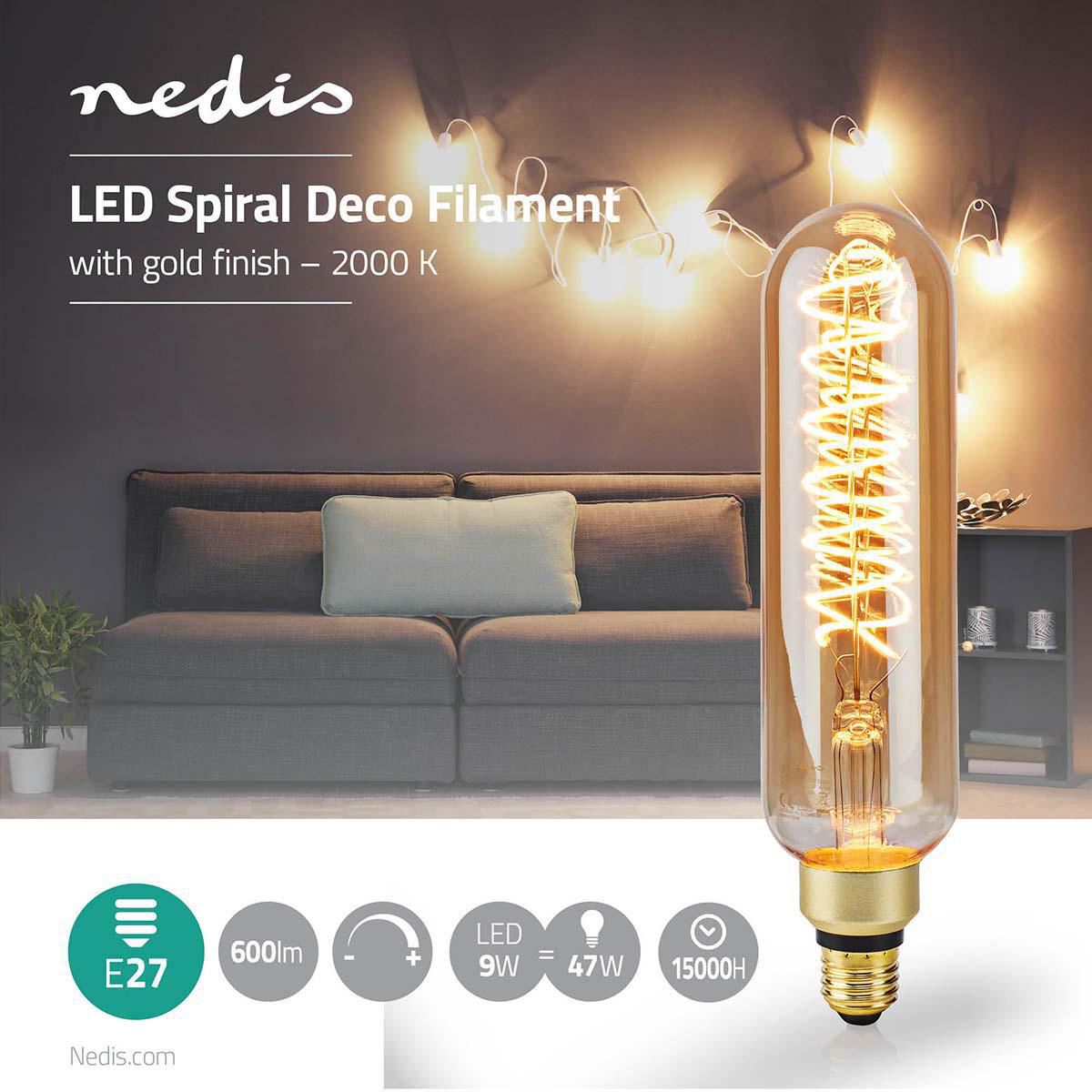 Nedis LED Filament Bulb E27, Dimmable Spiral T65, 600lm, 8.5W, Gold Smoke Glass, Eco-Friendly with 15,000h Lifespan