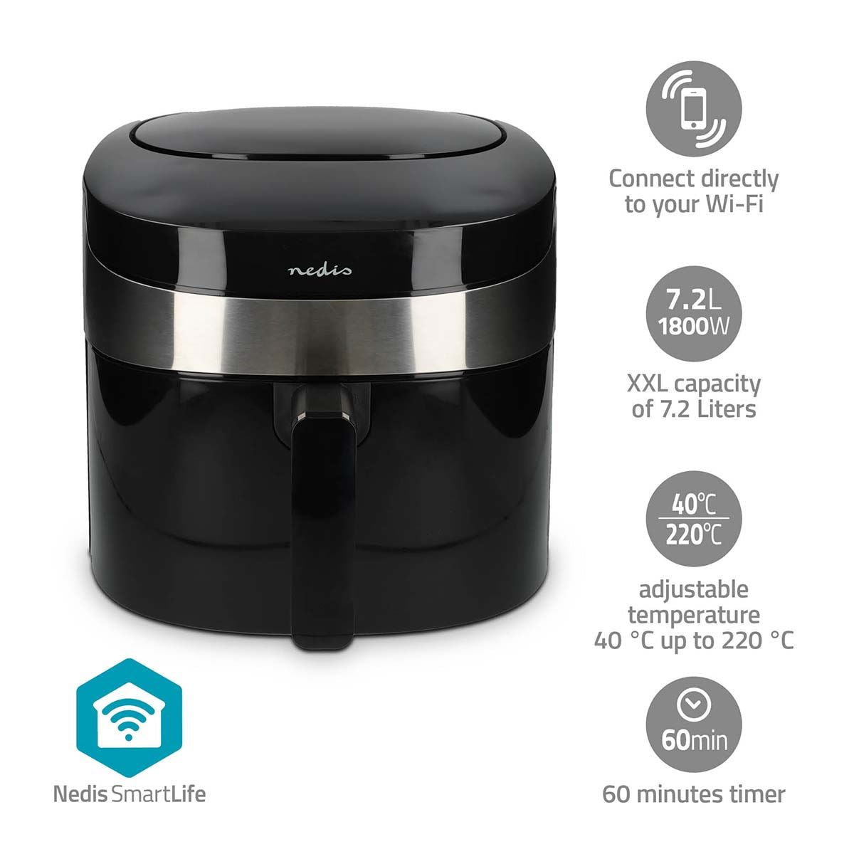 Nedis 7.2L Hot Air Fryer Wi-Fi SmartLife XXL for Healthy Low Fat Cooking, with Adjustable Temperature, Digital Display Control, 8 Presets and 60 Minute Timer, 1800W - Black
