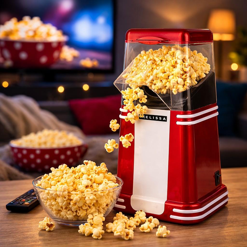 MELISSA Hot Air Popcorn Maker, Retro Table Top Machine for up to 60g of Healthy and Low Fat Popcorn, 1200W - Red/White