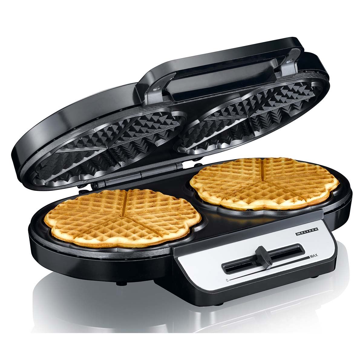 MELISSA Waffle Maker Iron, Double Heart Shape Waffle Machine with Non Stick Plates & Adjustable Temperature Control, 1200W - Black/Silver