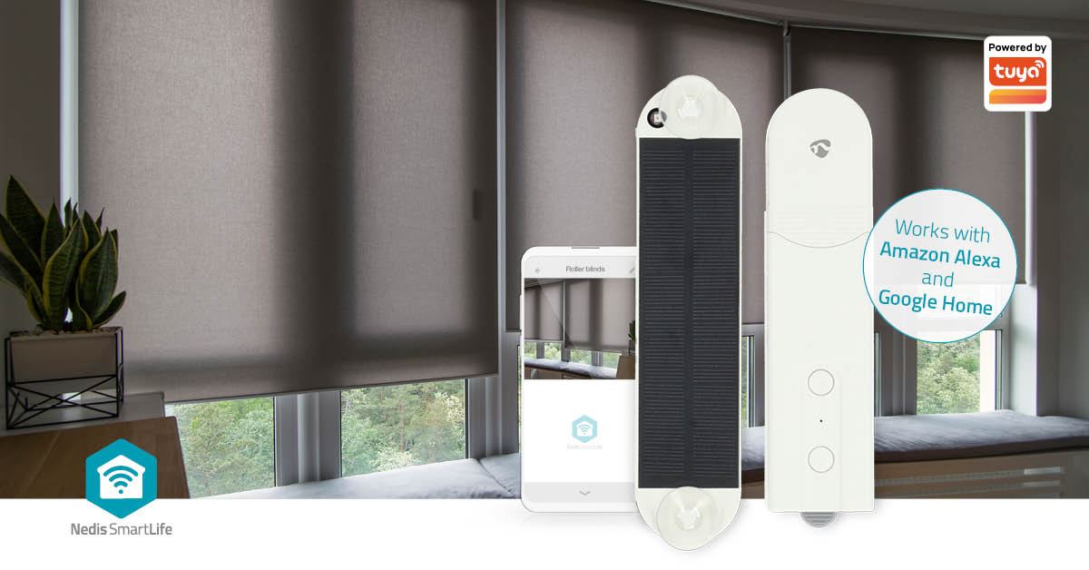 Nedis SmartLife Solar / USB Powered SmartLife Curtain Robot Cable System Pane Roller/Roman blinds Voice Control for Google/Alexa 2000 mAh Bluetooth® - White