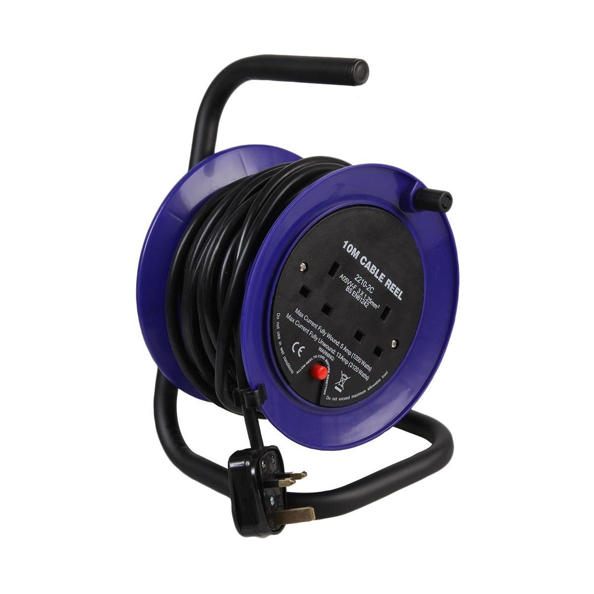 2 Gang Mini Open Cable Reel Extension Lead with Handle and Thermal Cut Out, 10m, Blue