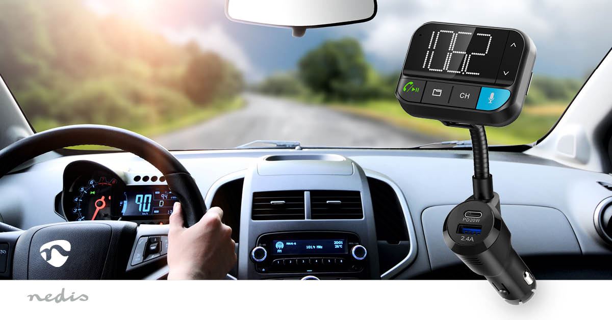 Nedis Car FM Transmitter | Gooseneck | Speakerphone | 2 " | Black White Screen | Bluetooth® | PD 20 W / QC 3.0 | Fast charging | Bass boost | Google Assistant / Siri | Black
