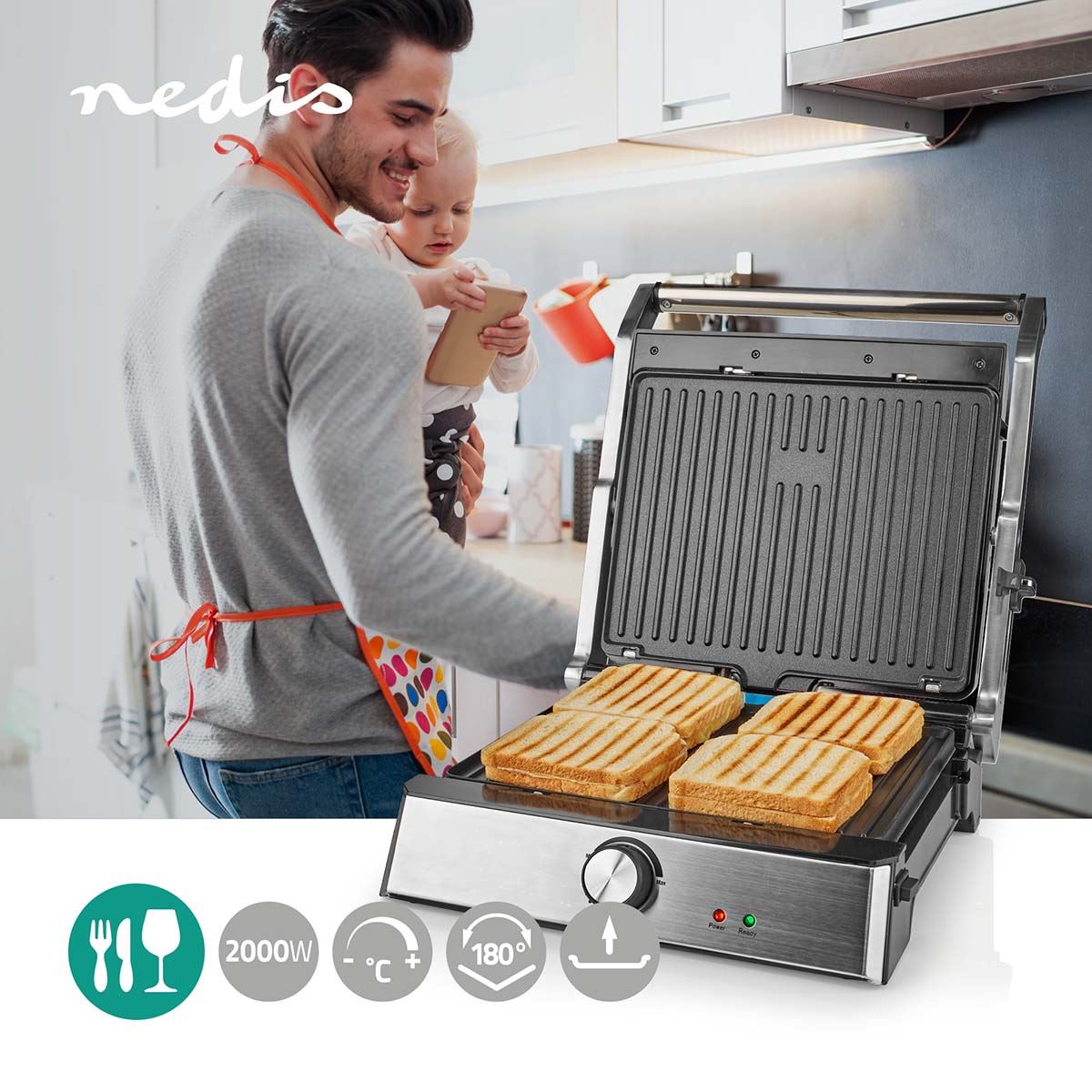 Nedis 2 in 1 2000w Compact Electric Table Top Grill & Non Stick Panini Sandwich Press Toastie Maker - Stainless Steel