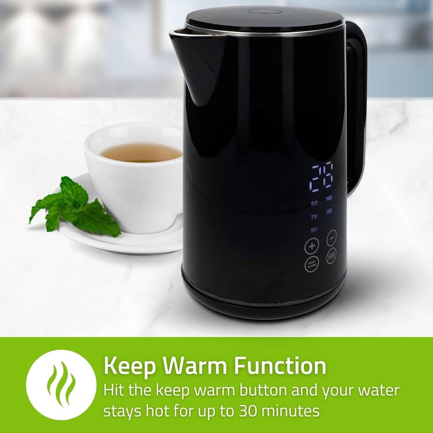 Nedis Electric Kettle 1.7L, Digital Temp Control 50-100oC, Keep Warm Function, 360 Degree Cordless Base, Black