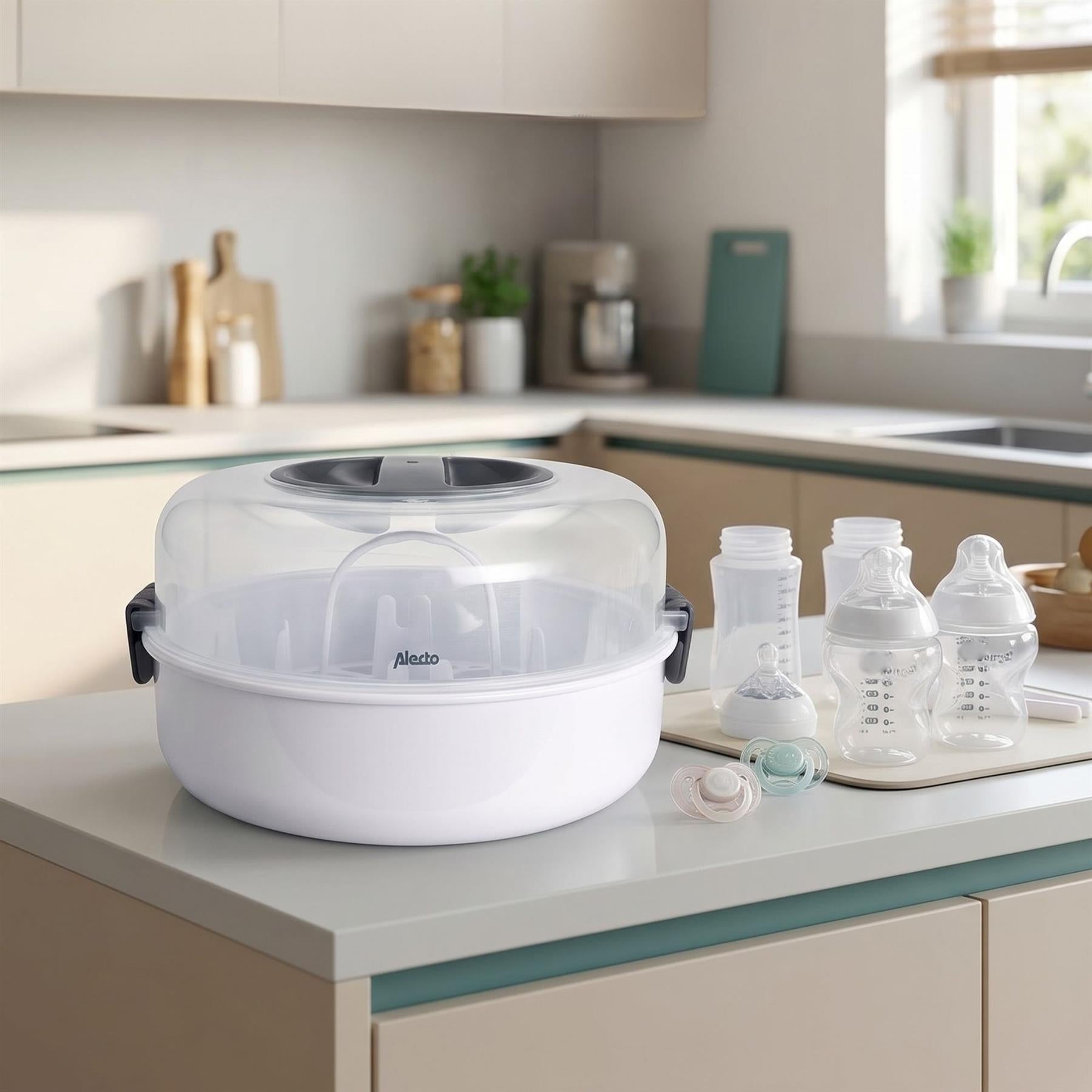 Alecto Microwave Steam Steriliser for Baby Bottles, Soothers, Breast Pumps and Feeding Accessories, Kills Viruses and 99.9% of Harmful Bacteria, 4-Minute Sterilisation Cycle