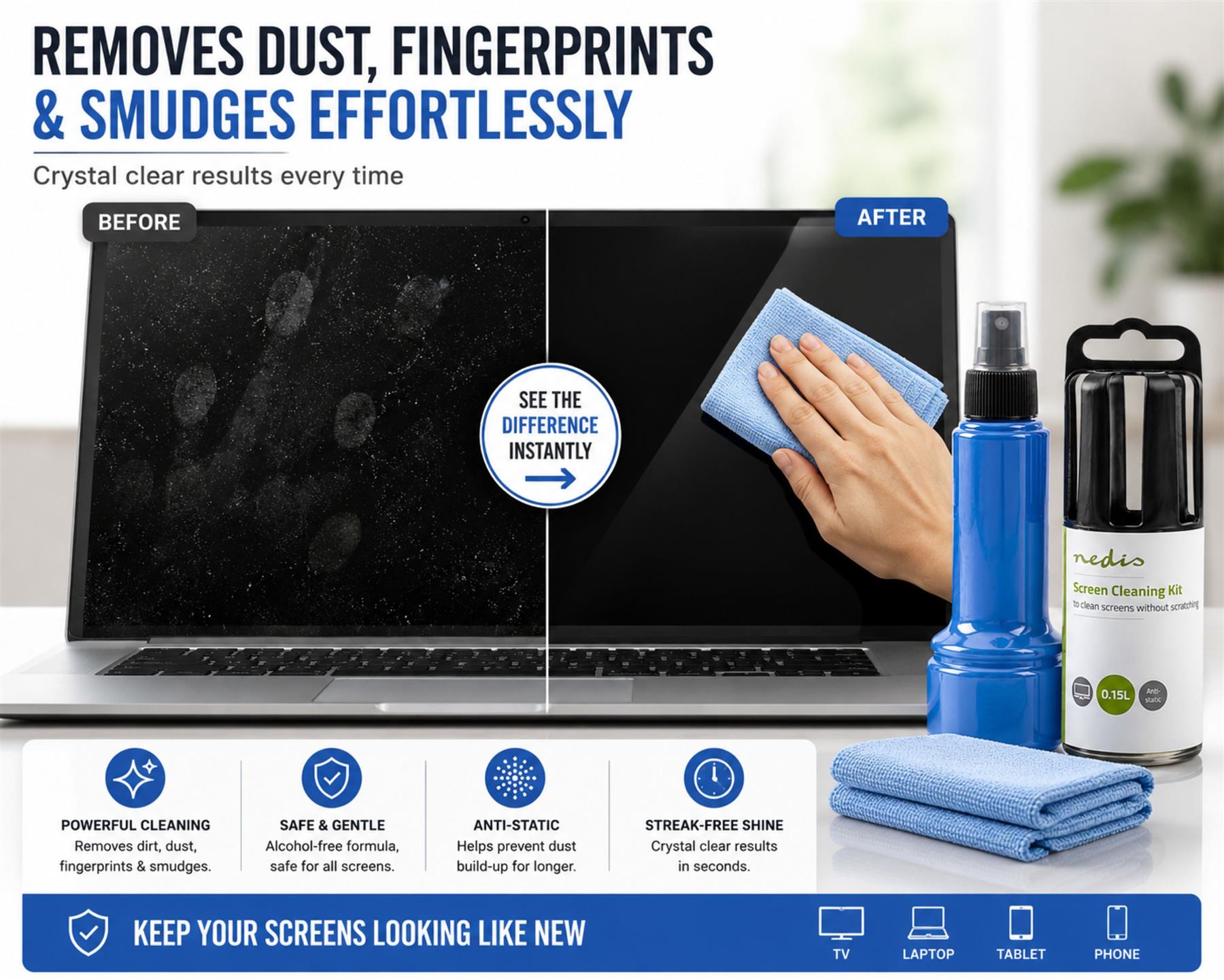 Nedis Screen Cleaner Kit for LCD, LED & Plasma TV, PC, Phone & Tablet, 150 ml Spray & Cloth