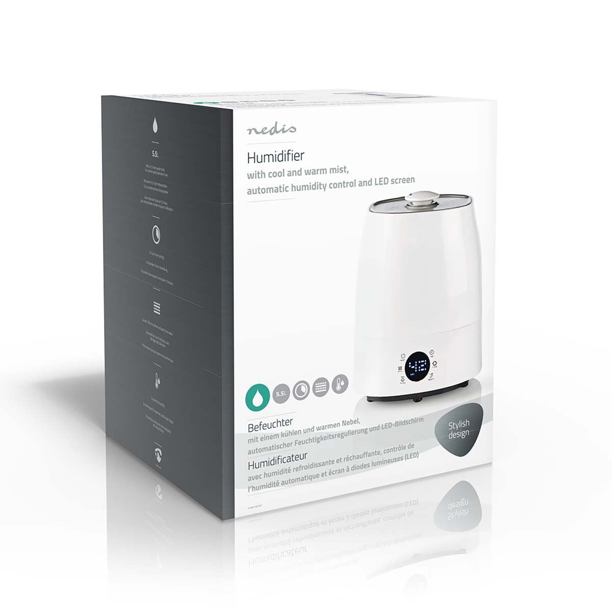 Nedis Air Humidifier | 110 W | With Cool and Warm Mist | 5.5 l | Hygrometer | Timer | Suitable for space up to: 50 m² | Grey / White