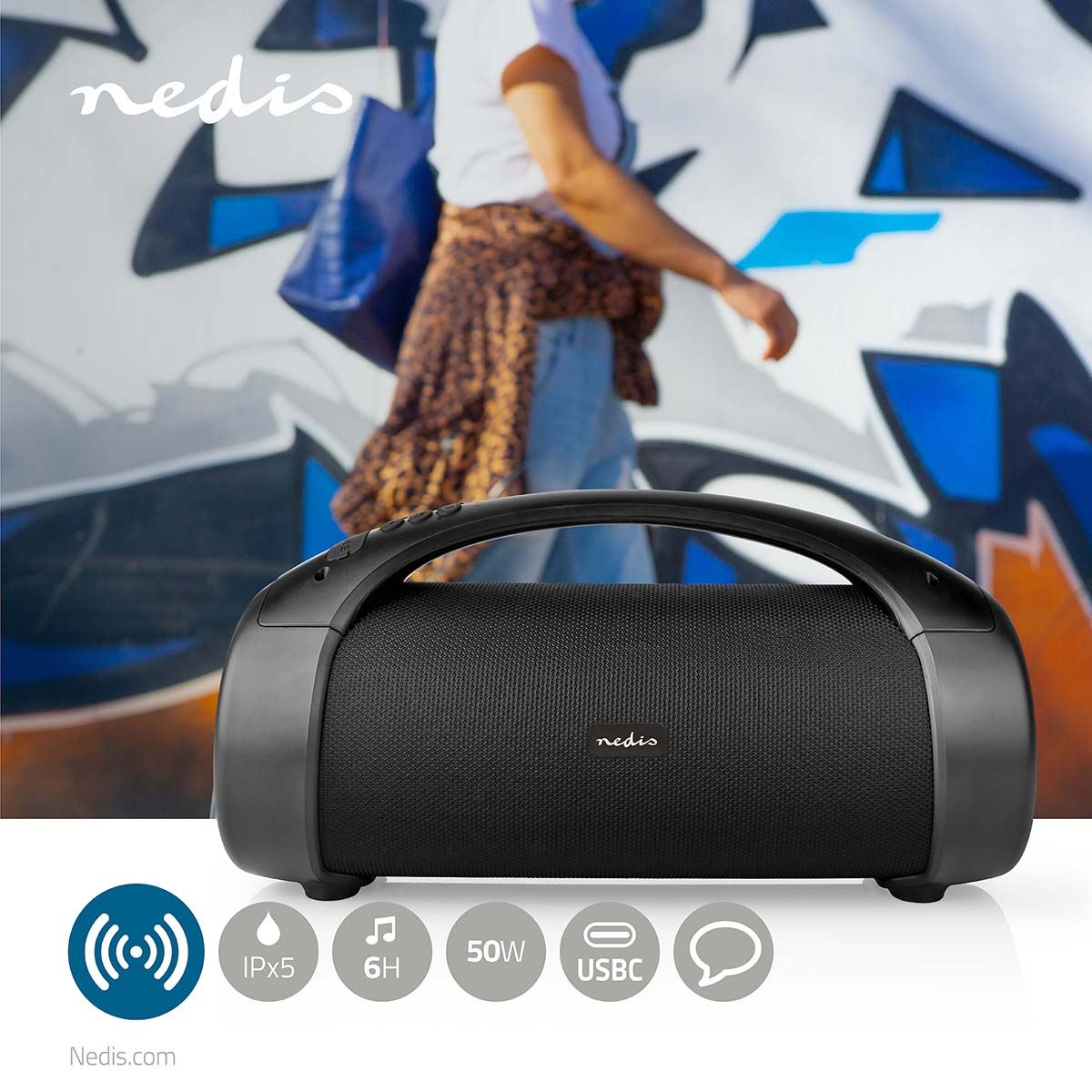 Nedis Bluetooth® Party Boombox | 6 hrs | 2.0 | 150 W | Media playback: AUX / USB | IPX5 | Linkable | Carrying handle | Party lights | Black