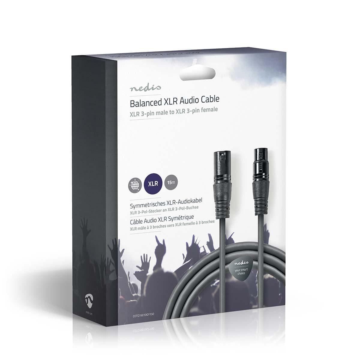 Nedis Balanced Audio Cable | XLR 3-Pin Male | XLR 3-Pin Female | Nickel Plated | 15.0 m | Round | PVC | Dark Grey | Gift Box