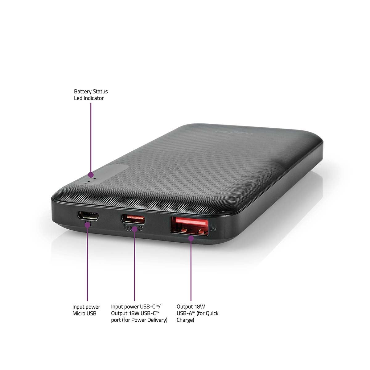 Nedis Powerbank | 10000 mAh | 1.5 / 2.0 / 3.0 A | Number of outputs: 2 | Output connection: 1x USB-A / 1x USB-C™ | Input connection: 1x Micro USB / 1x USB-C™ | PD2.0 18W | Lithium-Polymer