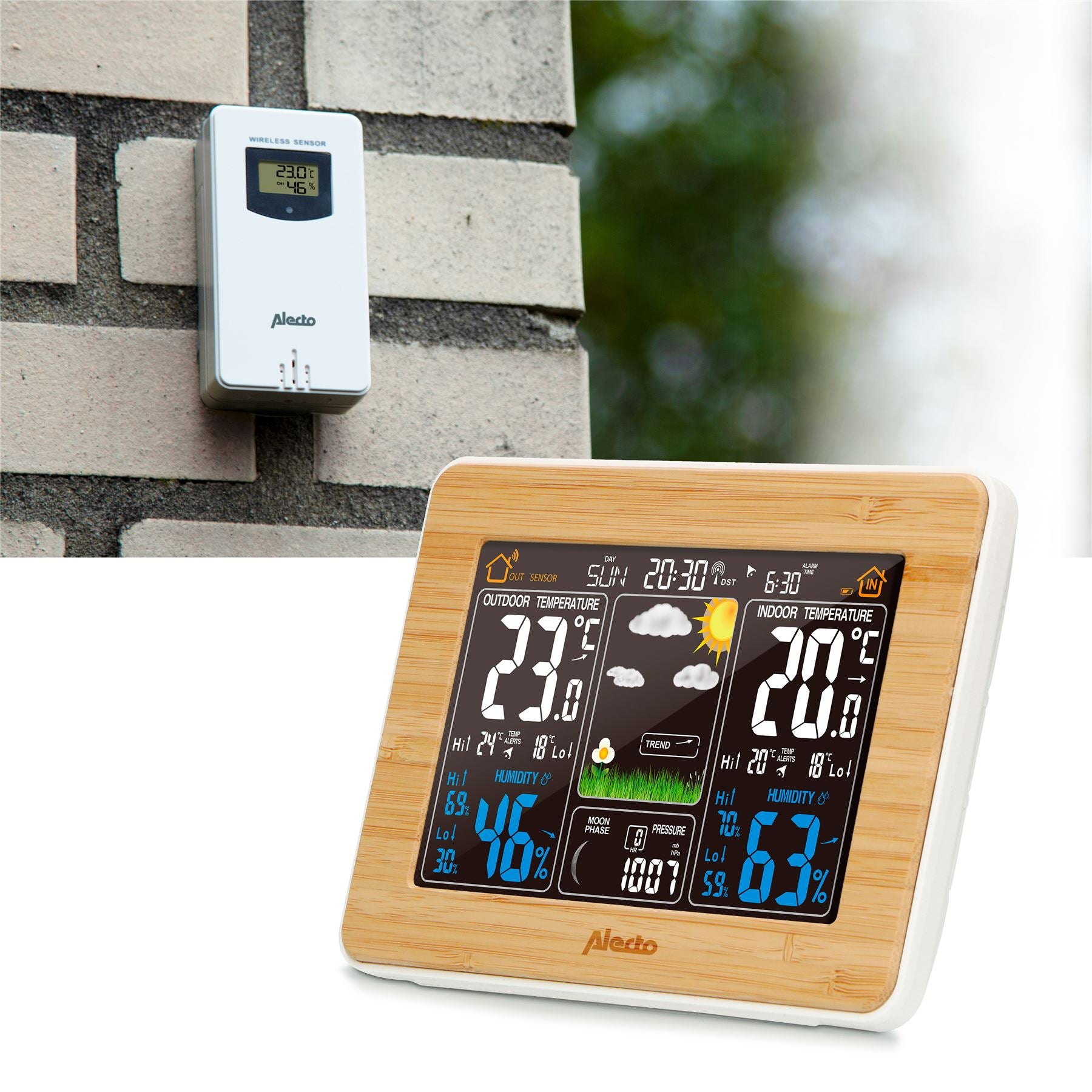 Alecto WS-1560 Indoor/Outdoor Wireless Weather Station, Temperature, Pressure, Forcast, Humidity, Moon Phase & More - Bamboo