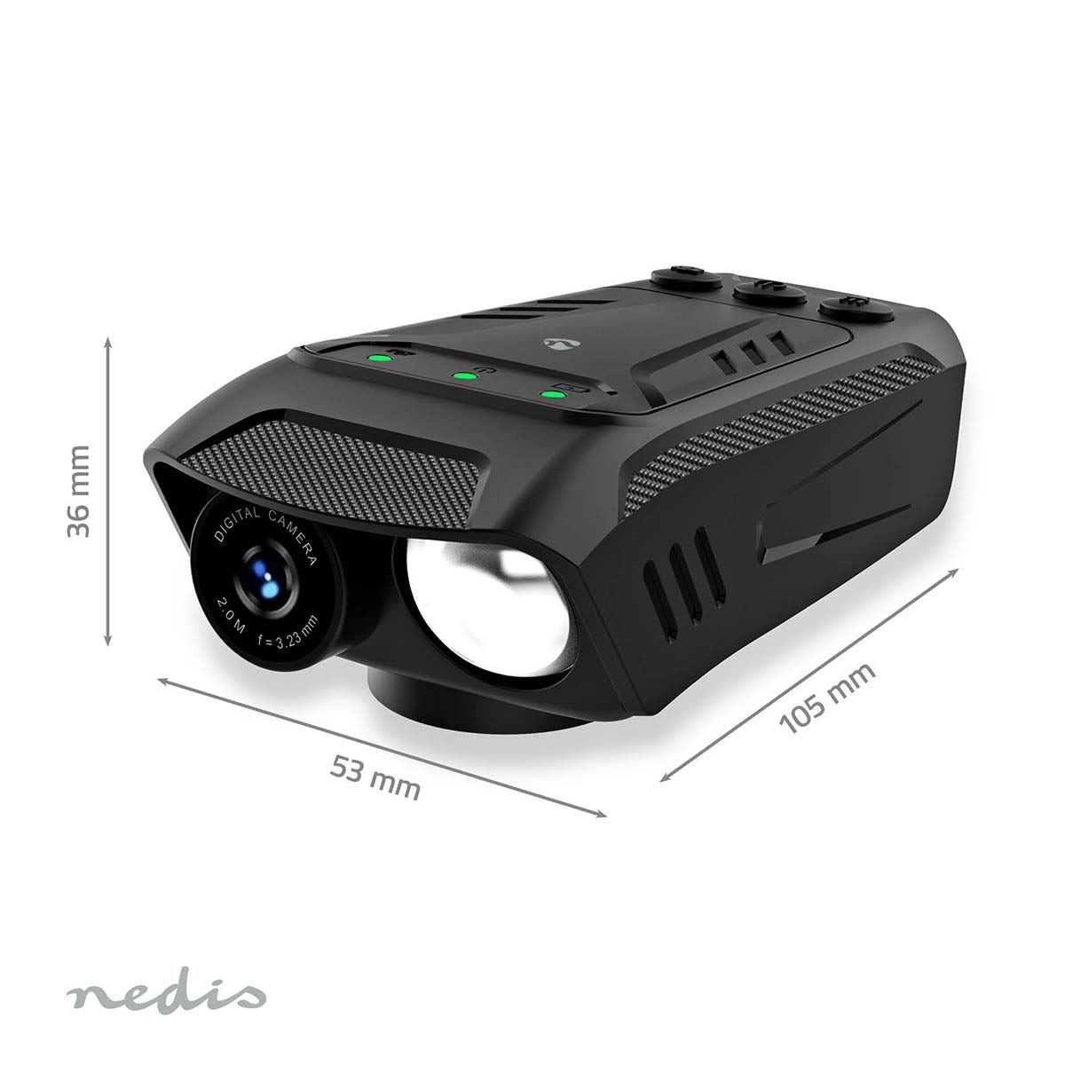 Nedis 3-in-1 Full HD Cycling Camera with Bike LED Head Light & Horn, 1080p 2MP, 600lm Night Mode, Waterproof, USB-C, 10hr Battery, MicroSD Slot � Black