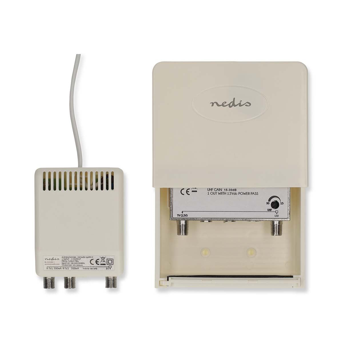 Nedis Mast Amplifier Kit UHF - 15-30dB Adjustable Gain, 470-694MHz TV Signal Booster, Dual Output Power Supply, Low Noise Amplifier