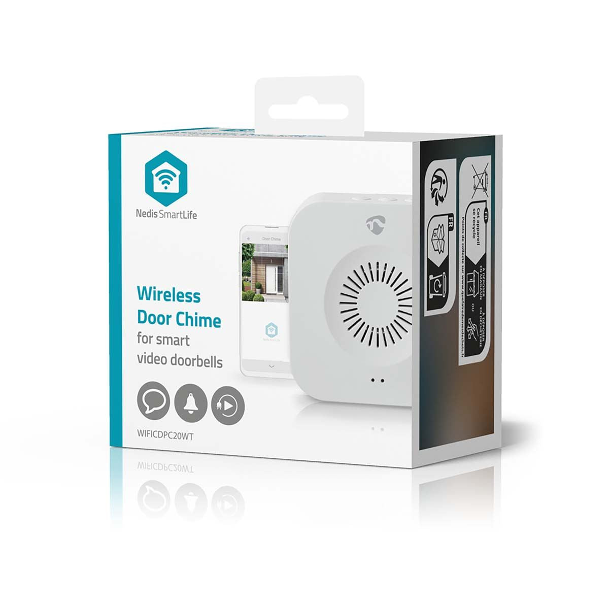 Nedis SmartLife Chime | RF, frequency 433 Mhz | Accessory for: WIFICDP10GY / WIFICDP30WT / WIFICDP40CWT | Battery Powered / USB Powered | 4 Sounds | 4.5 V DC / 5 V DC | Adjustable volume | White