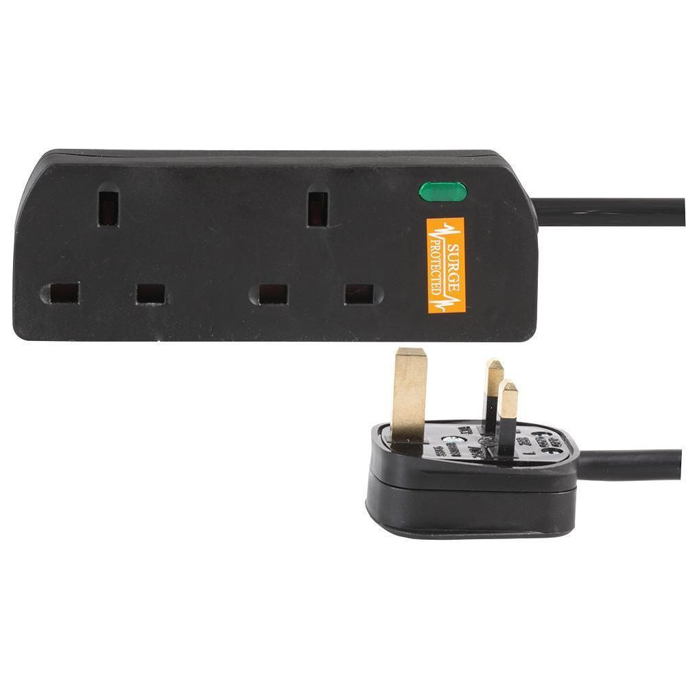 2 Gang 5m Mains Extension Lead Socket 13A Surge Protected - Black