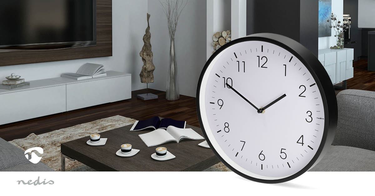 Nedis 30cm Wall Clock with Easy Read Numbers, Silent Movement, Battery Powered - Black