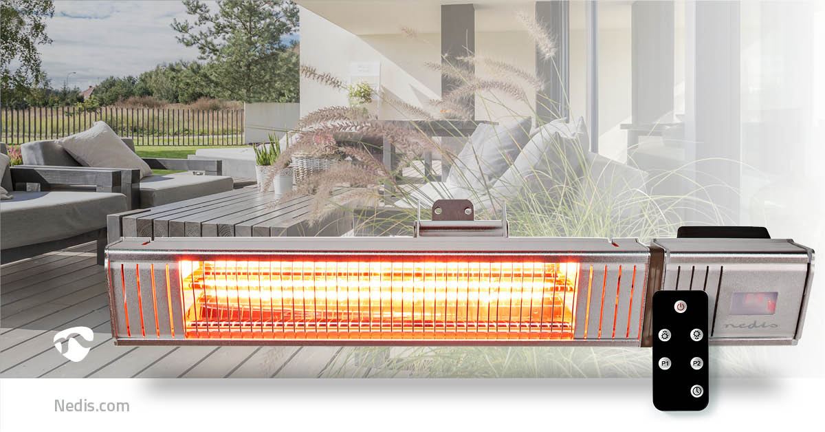 Nedis Outdoor Wall Mounted Halogen Electric Garden Patio Heater, 2000W, IP65 Rated, with 9 Power Settings, Remote Control and Adjustable Heat Angle