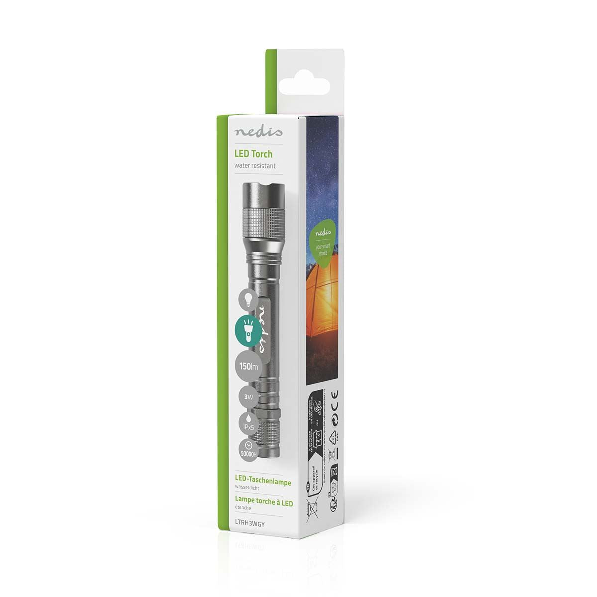 Nedis LED Torch | Battery Powered | 4,5 V | 3 W | 2x AA | Batteries included | Rated luminous flux: 150 lm | Light range: 120 m | Beam angle: 46.1 ° | 10000 Switching Cycles