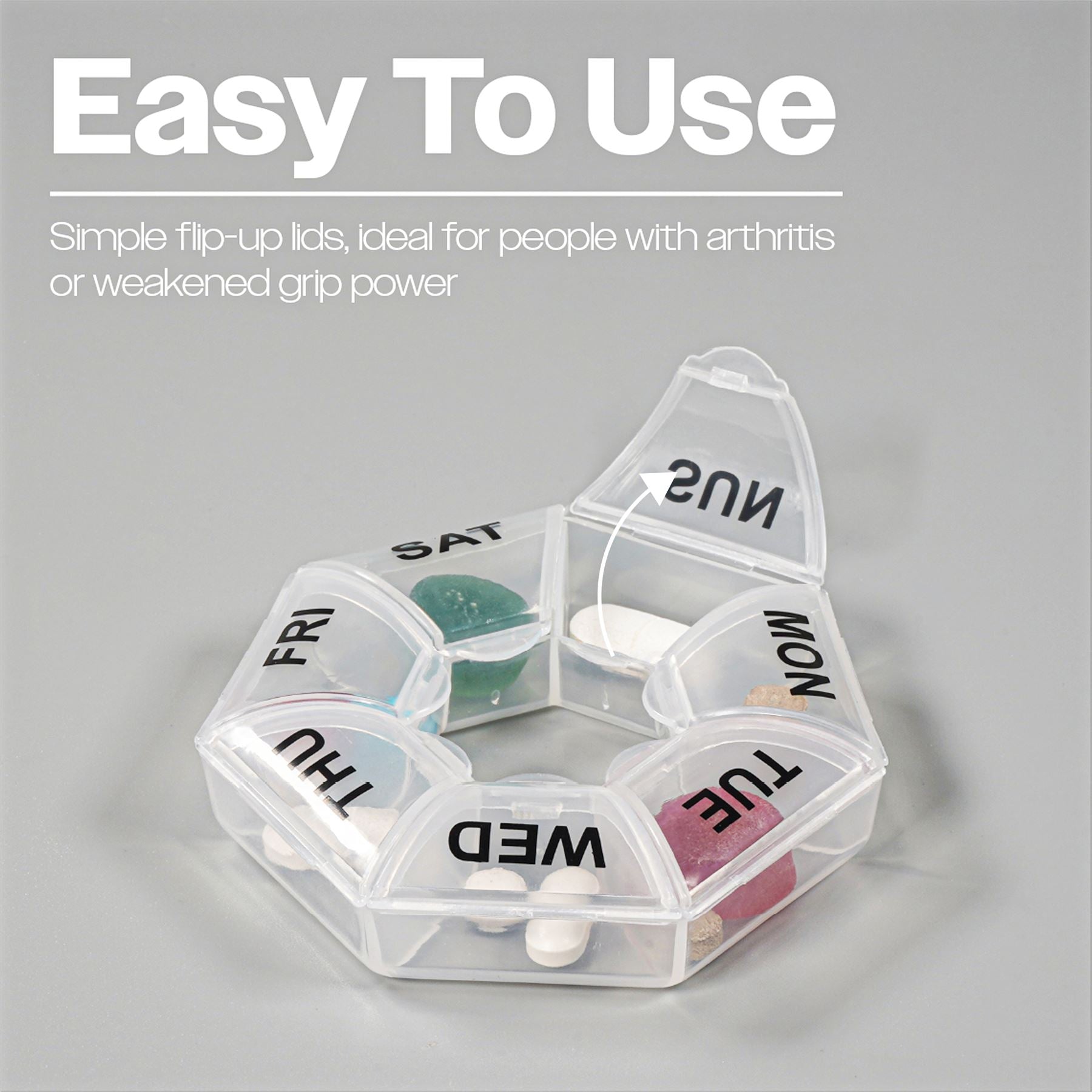 7 Day Weekly Pill Box.Compact,Portable,Easy Flip-Up Lids,Clearly Labelled Days of Week,Will Hold Several Pills per Compartment,Alzheimers,Dementia Aid