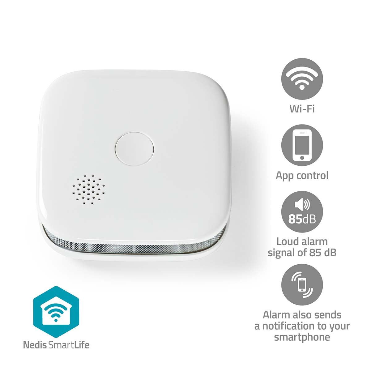 Nedis SmartLife Smoke Detector | Wi-Fi | Battery Powered | Sensor life cycle: 10 year | EN 14604 | Max. battery life: 24 Months | 85 dB | White | 1 pcs