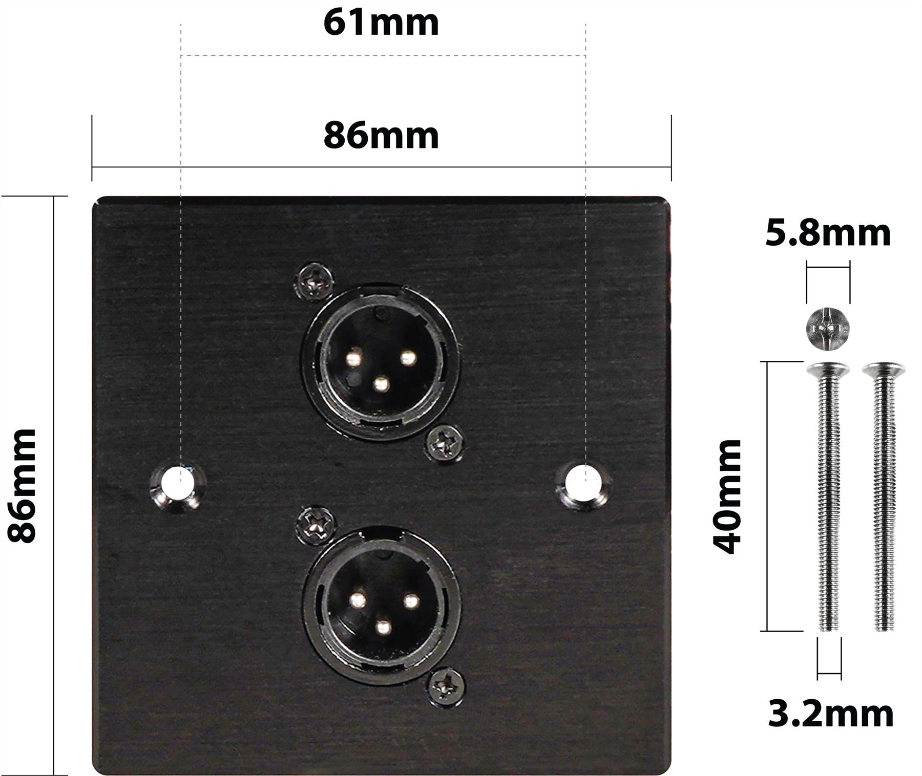 Black Wall Face Plate Electrical AV Slim Series 2 x Male XLR Wall Plate Metal