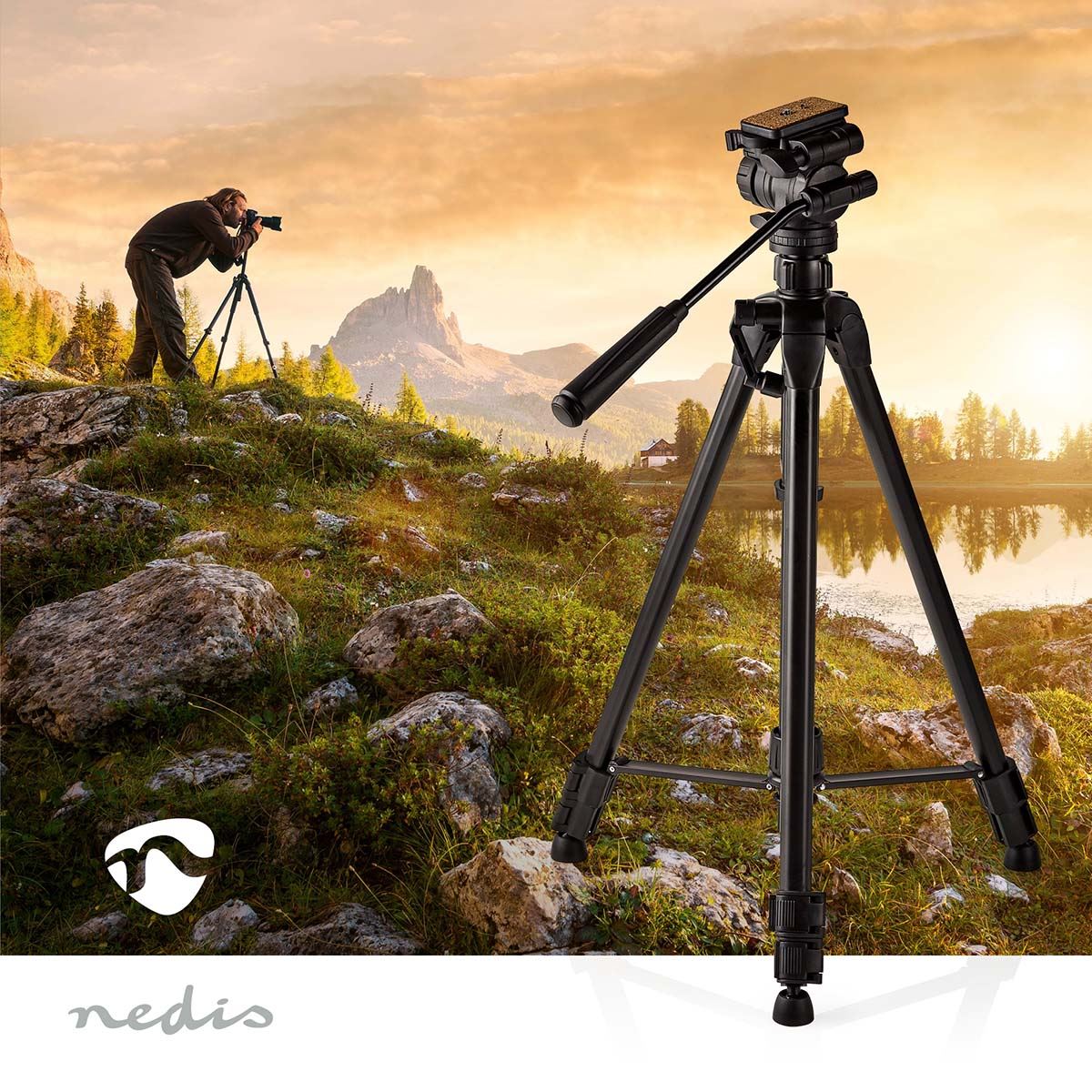 Nedis Tripod | Maximum load capacity: 3.0 kg | Minimum working height: 60.0 cm | Maximum working height: 165.0 cm | 3 Segments | Pan & Tilt | Travel bag included | Self levelling feet | ABS / Aluminium | Black