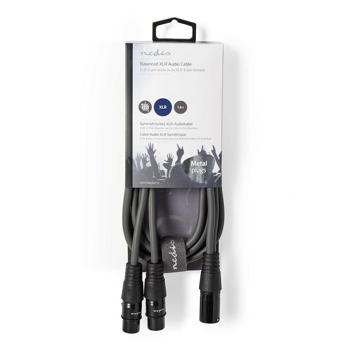 Nedis Balanced Audio Cable | XLR 3-Pin Male | 2x XLR 3-Pin Female | Nickel Plated | 1.50 m | Round | PVC | Dark Grey | Carton Sleeve