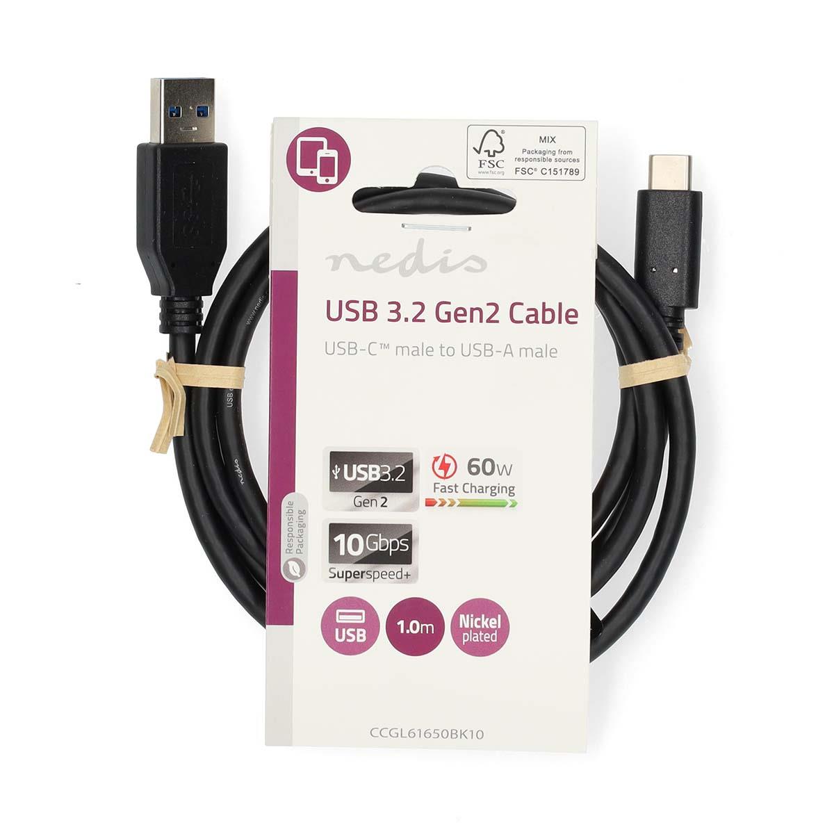 Nedis USB Cable | USB 3.2 Gen 2 | USB-A Male | USB-C™ Male | 60 W | 10 Gbps | Nickel Plated | 1.00 m | Round | PVC | Black | Label