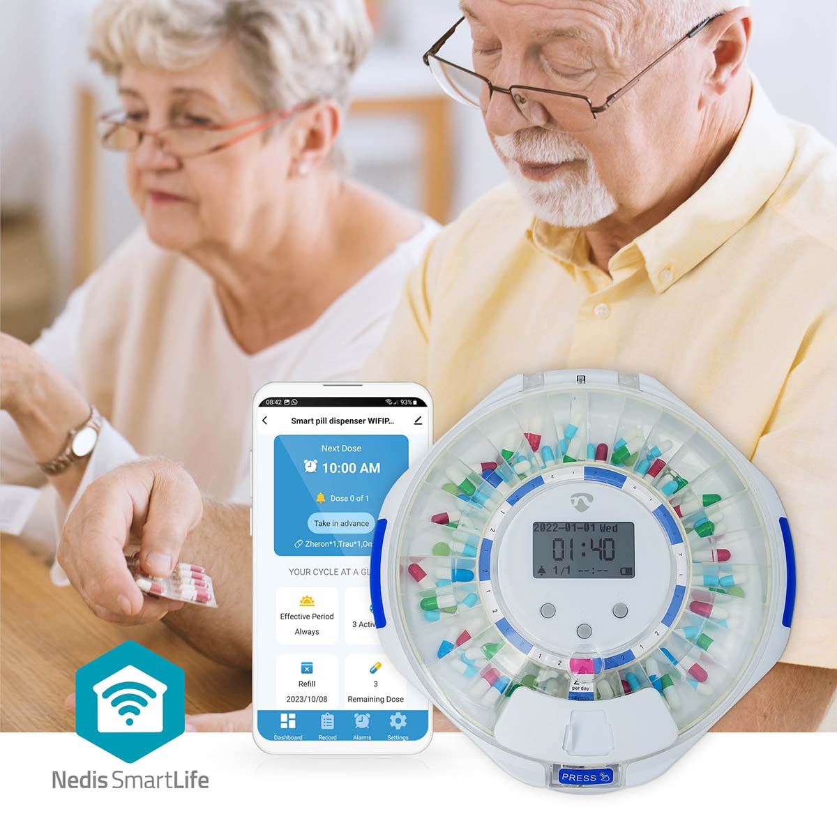 Nedis Smart Wi-Fi Pill Dispenser, 28 Compartments, 9 Daily Alarms, LCD Display, Locking Cover, Sliding Door, Medication Organiser for Vitamins & Supplements, Compatible with SmartLife App � White