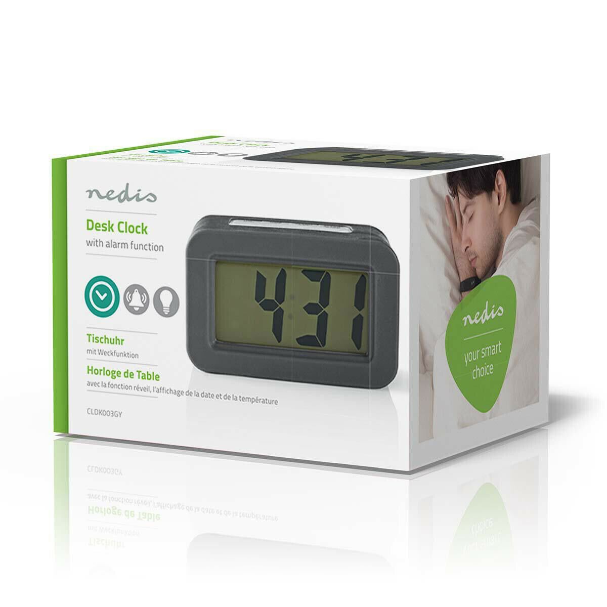 Nedis Digital Desk Alarm Clock - LCD Display with Backlight, Battery Operated, Compact Quartz Alarm Clock, Grey/White