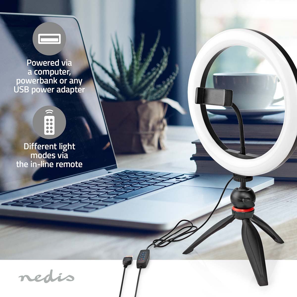 Nedis Ring Light, 10" LED Ring Lamp with 120 LEDs on Tripod Stand, USB Powered, with Flexible Phone Holder, 10 Light Modes