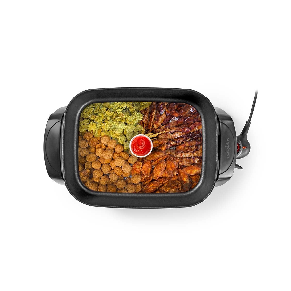 Nedis 7L Non Stick Electric Skillet Pan Cooker, 40cm XXL Multi Function with Tempered Glass Lid and Thick Cast Aluminium Body, 2200W for Frying, Baking, Stewing, Braising, Cooking - Black