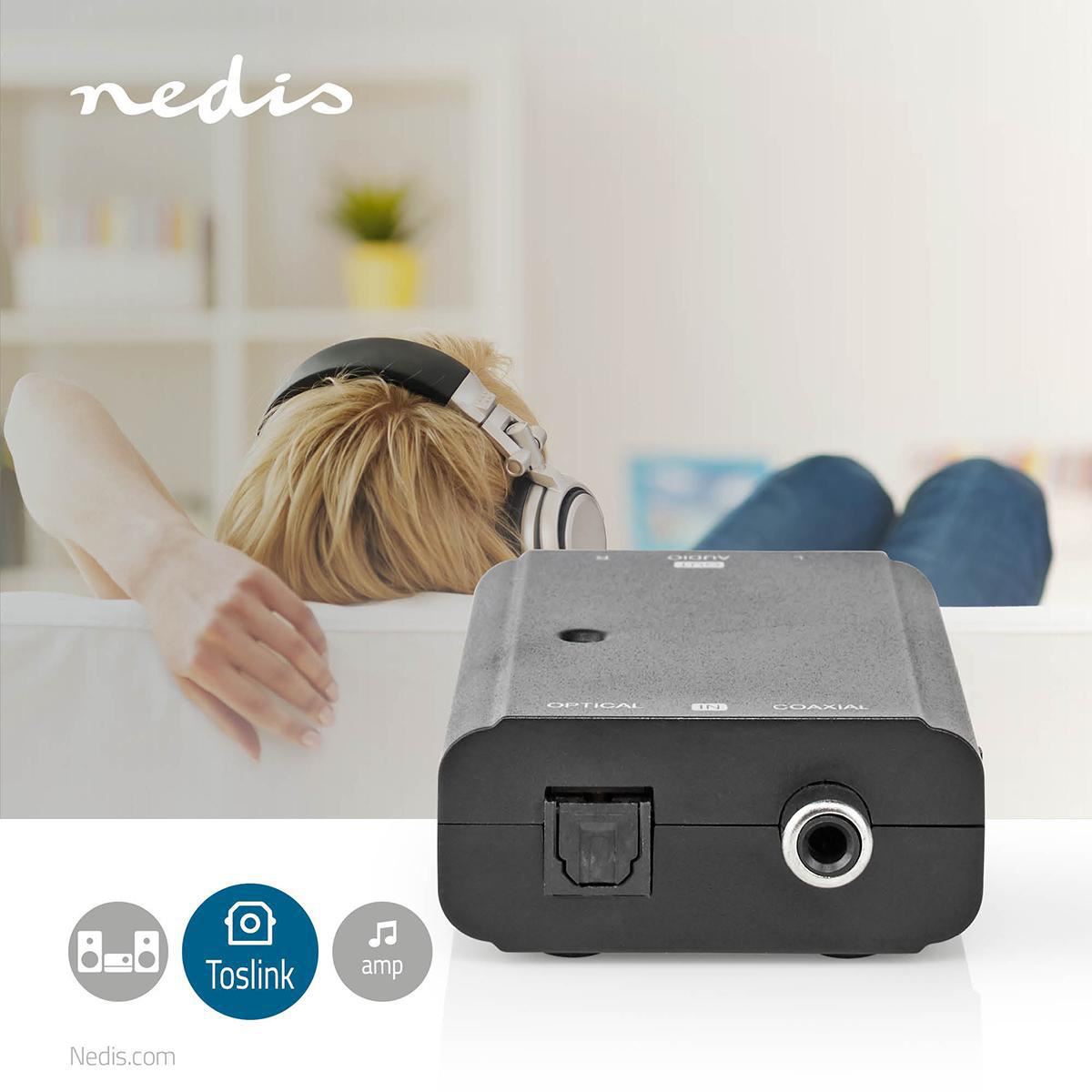 Nedis Digital Audio Converter | 2-way | Connection input: 1x S/PDIF (RCA) Female / 1x TosLink Female to Connection output: 2x RCA Male | Manual | Black