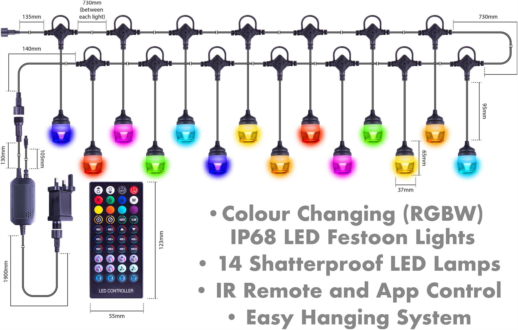 LED 14 Lamp Decorative Colour Changing Festoon Light AP and IR Remote Controlled