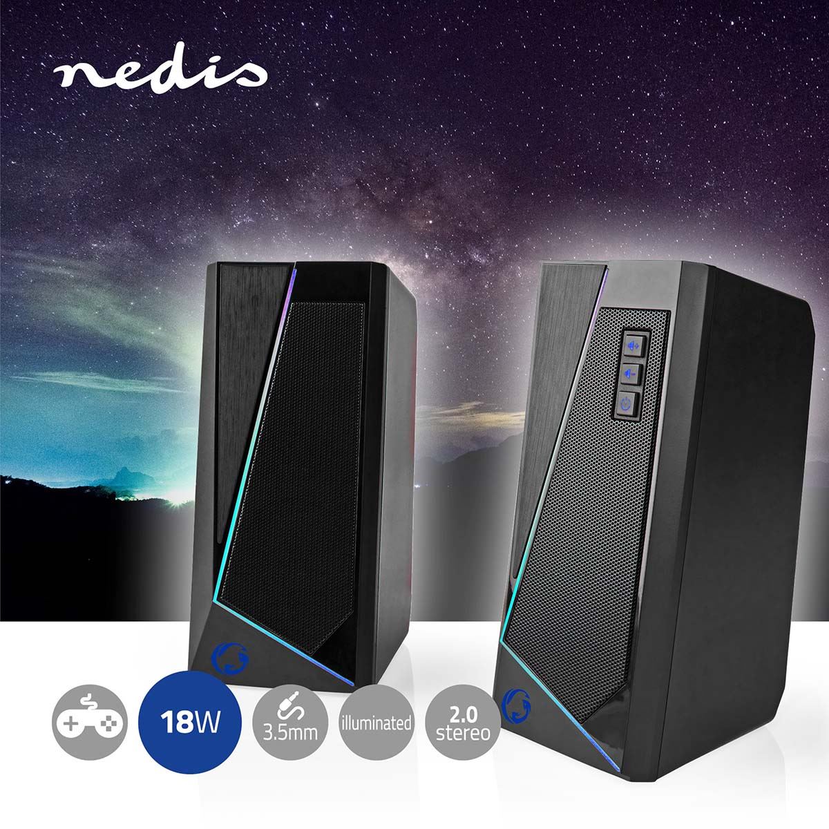 Nedis Gaming Speaker | Speaker channels: 2.0 | USB Powered | 3.5 mm Male | 18 W | LED | Volume control