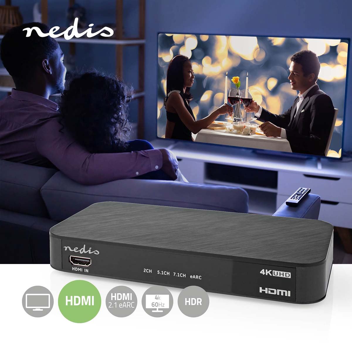 Nedis Digital Audio Converter | 2-way | Connection input: DC Power / 1x HDMI™ Input to Connection output: 1x 3.5 mm / 1x TosLink / 3x HDMI™ Output | Automatic / Push Button | Anthracite
