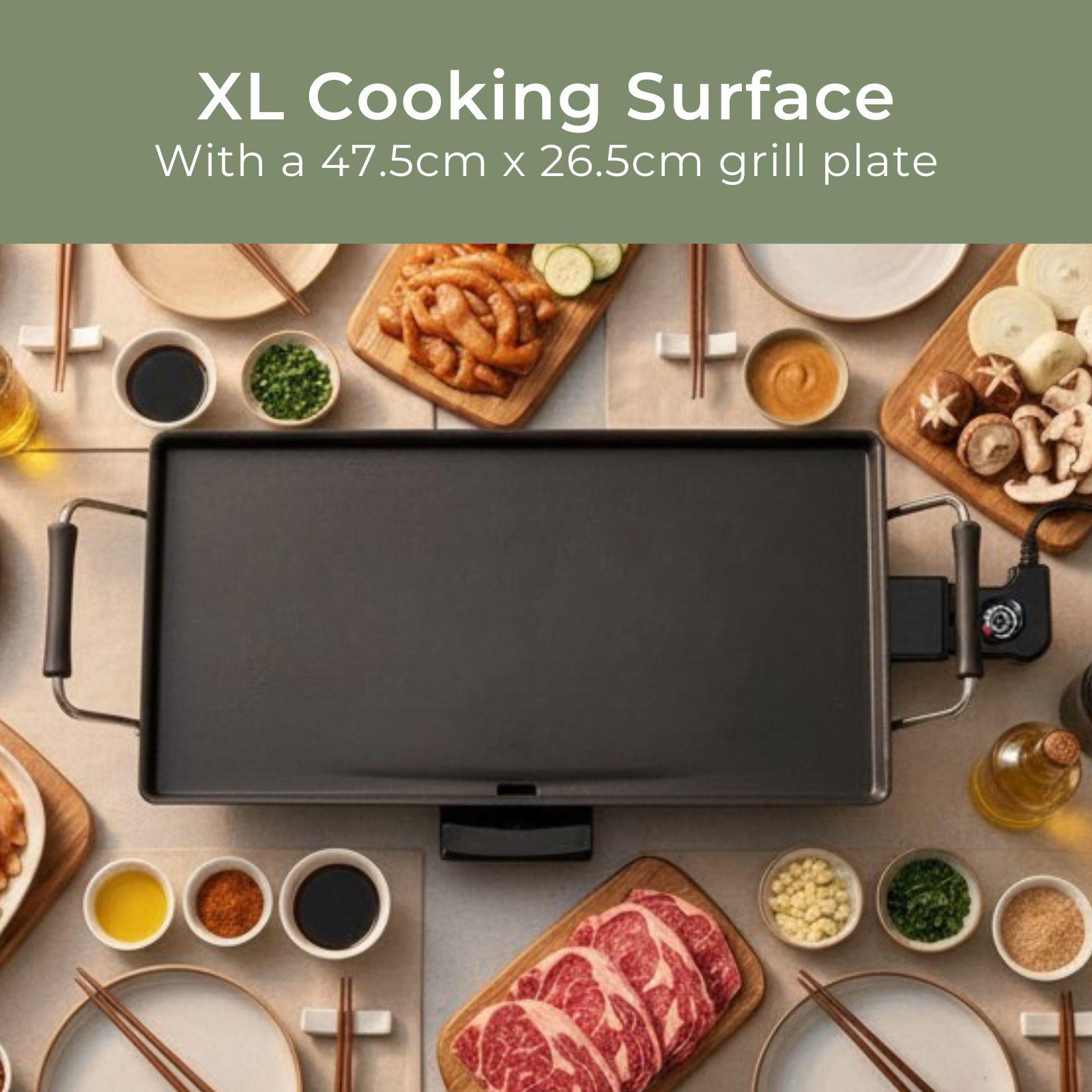 MELISSA Electric Teppanyaki Grill Plate, Large Non-Stick Table Top Griddle with 47.5cm x 26.5cm Hot Plate, Adjustable Temperature Control and Drip Tray, 2000W - Black