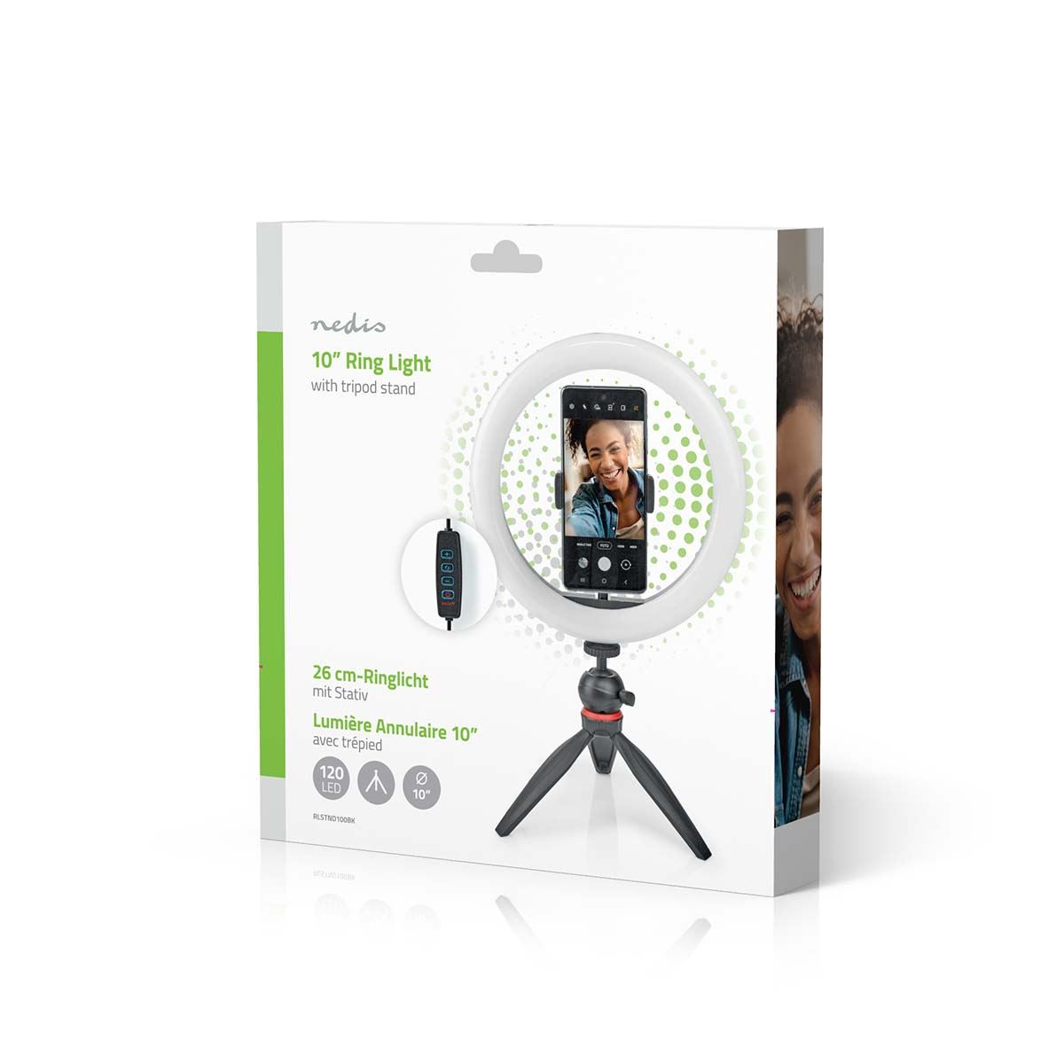 Nedis Ring Light, 10" LED Ring Lamp with 120 LEDs on Tripod Stand, USB Powered, with Flexible Phone Holder, 10 Light Modes