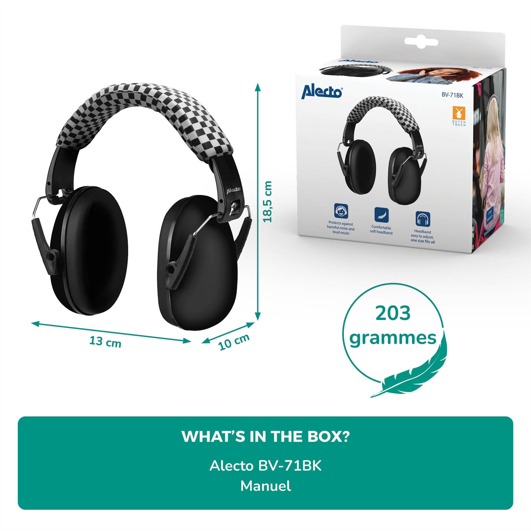 Alecto BV71BK Kids Ear Defenders Children, Age 3-16, Certified 29dB, Adjustable Size, Noise Cancelling Headphones Kids, Ear Defenders Autism, Ear Muffs for Toddler, Boys, Girls, School - Black