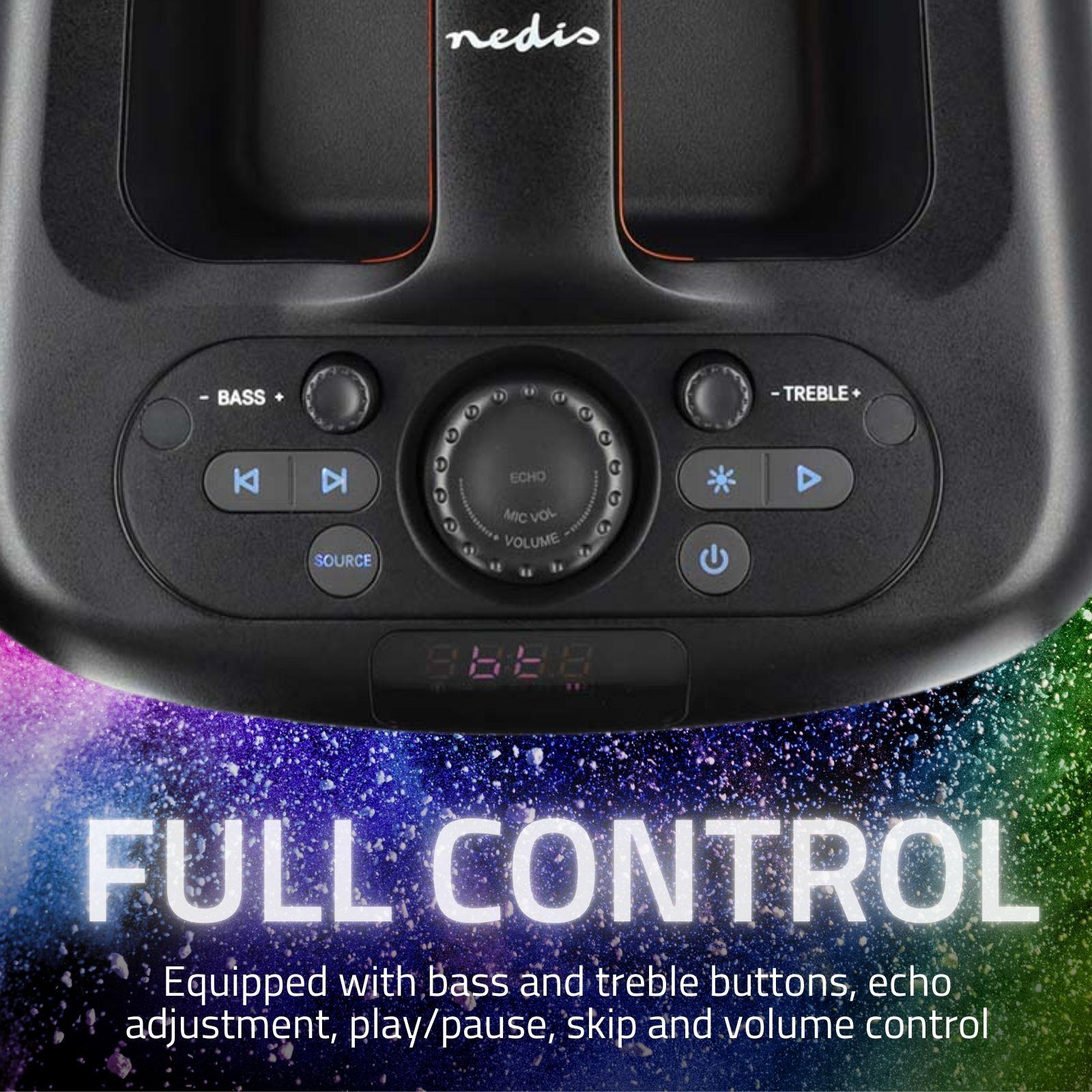 Nedis Party Box 240w Wireless Bluetooth Party Speaker, 5H Playtime, Portable Design, Dynamic Light Show, IPX4 Splashproof, AI Sound Boost, Microphone Input, Black