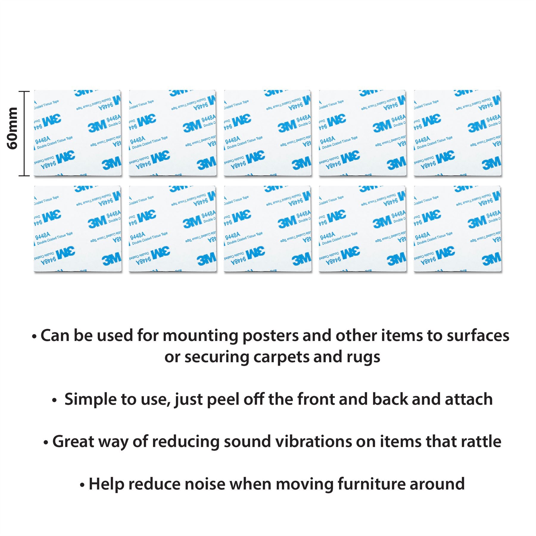 60mm 10 Pack Double-Sided Square Adhesive Mounting Pads
