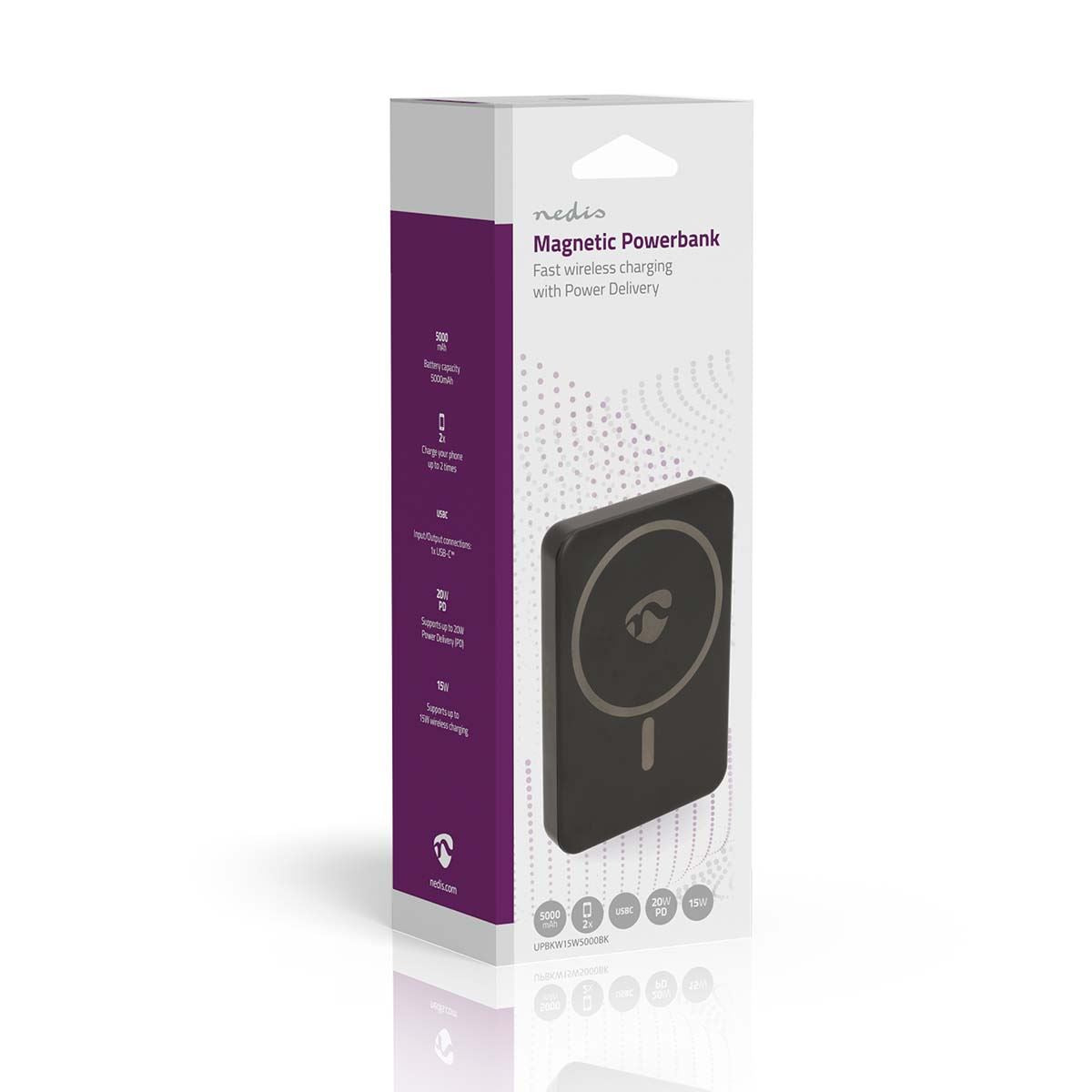 Nedis Powerbank | 5000 mAh | Wireless charging | 1.67 / 2.22 / 3.0 A | Number of outputs: 1 | Output connection: 1x USB-C™ | Input connection: 1x USB-C™ | PD3.0 20W | Lithium-Polymer